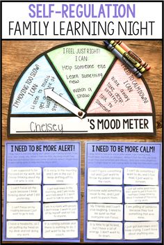 a poster with the words mood meter and an image of a wheel that says self regulation family learning night