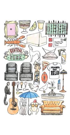 an illustrated drawing of furniture and accessories