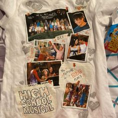 a white t - shirt with pictures of people and words on it, including high school musical