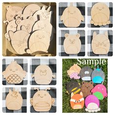 wooden cut outs with different shapes and sizes for children's crafts, including animals