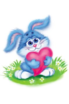 a blue bunny holding a heart in its paws