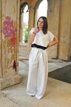 "Linen Pants Women, White Linen Pants, Japanese Clothing ◈ Stylish and chic fashion is our shared dream! You can be sure that this piece is made with a lot of love and craftsmanship. The top is available here - https://etsy.me/2sIBTup ◈ S I Z I N G ◈ This item is available from XS to 3XL. Please, have a look at my Size Chart below before placing your order. ◈ D E L I V E R Y ◈ This item will be shipped in up to 5 days after your order was placed. We use Express worldwide shipping for all of our Formal Wide-leg Linen Pants, White Linen Wide-leg Pants, High-waisted White Linen Wide Leg Pants, White Non-stretch Wide Leg Harem Pants, White Linen Wide-leg Harem Pants, White Linen Pants Women, Wrap Pants, Formal Pants, Summer Wraps