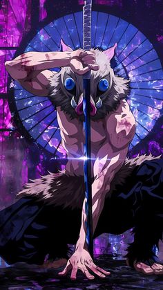 an anime character with blue eyes holding a pole