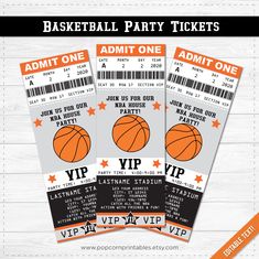 three basketball party tickets with orange and white stripes