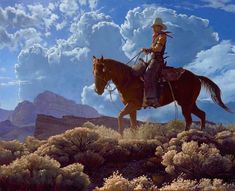 a painting of a man riding on the back of a brown horse across a desert landscape