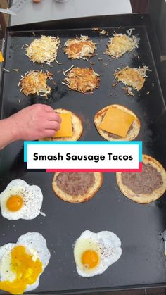 an image of some food being cooked on a grill with the words smash sausage tacos