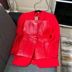 Nwt Burberry Woman Coat Color Bright Red Size 6 Im Size Medium And Its Too Tight For Me Excellent Condition Luxury Red Suits For Winter, Red Winter Office Suits, Red Single Breasted Luxury Suit, Luxury Red Single Breasted Suit, Luxury Red Single-breasted Suit, Designer Tailored Red Blazer, Luxury Red Long Sleeve Suits, Red Single Breasted Sets For Workwear, Red Single-breasted Sets For Work