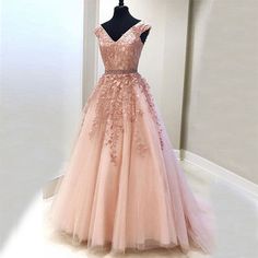 Long Lace Prom Dresses, Prom Dress For Teens, Prom Dresses Pink, Lace Prom Dresses, Prom Dresses Long Pink, Prom Dresses Long Lace, Pink Evening Dress, Senior Prom Dresses, V Neck Prom Dresses