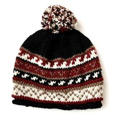 Handknit Wool Patterned Stocking Hat with fleece lining - Black Black Beanie With Fleece Lining For Cold Weather, Cozy Hats With Fleece Lining For Fall, Black Beanie With Fleece Lining, Cozy Warm Black Beanie, Winter Beanie With Fleece Lining, Black Wool Beanie Cap, Warm Wool Beanie For Winter, Wool Hats With Fleece Lining For Cold Weather, Wool Bonnet For Cold Weather