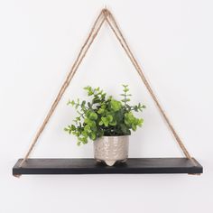 a potted plant sitting on top of a shelf with rope hanging from it's sides