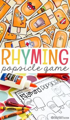 an orange and white photo with the words rhyming on it, surrounded by crayons