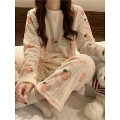 Season:Winter,Fall; Fabric:Polyester,Coral Fleece Coral Velvet; Sleeve Length:Long Sleeve,Long Pant; Gender:Women's; Quantity:2 Pieces; Nightwear Style:Loungewear,Sets; Style:Casual,Comfort,Fashion,Plush; Elasticity:Micro-elastic; Occasion:Date,Street,Daily,Going out; Age Group:Adults; Function:Warm; Pattern:Bear,Peach; Neckline:Crew Neck; Bottom Type:Pant; Listing Date:08/17/2023; Length:; Length [Bottom]:; Special selected products:Clearance Fleece Clothing, Corduroy Bear, Pajamas For Teens, Coral Bedding, Womens Loungewear Sets, Warm Pajamas, Pajama Suit, Loose Fabric, Night Suit