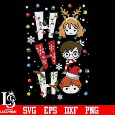 the word h is for christmas with two girls and snowflakes around her, on a black background