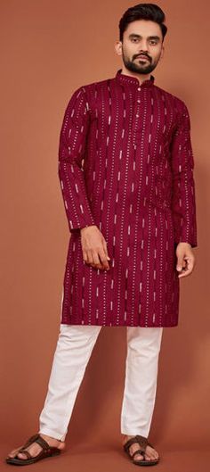 Red and Maroon color Kurta Pyjamas in Cotton fabric with Sequence, Thread work Red Block Print Straight Kurta, Red Straight Kurta With Block Print, Eid Red Kurta With Block Print, Festive Red Kurta With Block Print, Red Block Print Long Sleeve Kurta, Red Bandhani Print Long Sleeve Set, Red Long Sleeve Block Print Kurta, Fitted Red Kurta With Block Print, Party Wear Kurta