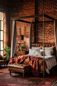 Experience rustic charm in a bedroom with raw red brick walls and vintage furnishings, offering a cozy refuge. Vintage Themed Bedroom, Red Brick Wall Bedroom, Cozy Red Bedroom, Red Brick Bedroom, Bedroom With Brick Wall, Exposed Brick Bedroom, Bedroom Brick Wall, Red Bedroom Ideas, Paint Combos