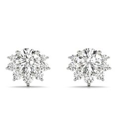 A cluster of round diamonds are clustered together for a shining, elegant look in these stud earrings. EARRING INFORMATION SKU: JNCY41100 Metal type and color: 14k White Gold 14k Yellow Gold 14k Rose Gold Gender: Women Style: Fashion Earrings Total Carat Weight: .95 Rhodium Plated: White Gold Only Weight (grams): 1.24 Back Type: Push Back DIAMOND DETAILS Stone Type: Diamond Creation Method: Lab-grown diamond Shape: Round Color: Colorless (D-E) Color Hue: White Clarity: VS2+ Cut: Excellent Count: 1 Carat Weight (avg): .25 Total Carat Weight: .25 Setting: Prong SIDE DIAMOND DETAILS Stone Type: Diamond Creation Method: Lab-grown diamond Shape: Round Color: Colorless (D-E) Color Hue: White Clarity: VS2+ Cut: Excellent Count: 14 Carat Weight (avg): .05 Total Carat Weight: .70 Setting: Prong Elegant Halo Setting Cluster Earrings, White Diamond Cluster Earrings For Formal Events, White Diamond Cluster Earrings For Formal Occasions, Formal Cluster Earrings With Cubic Zirconia, White Cluster Diamond Earrings For Formal Occasions, White Cluster Earrings With Prong Setting For Formal Occasions, Formal White Gold Cluster Earrings, Diamond White Cluster Diamond Bridal Earrings, Diamond White Cluster Bridal Earrings