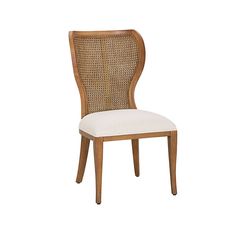 a wooden chair with a white cushion on top of the back and seat padding