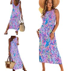 Pastel Abstract Floral Print Sleeveless Maxi Tank Dress. This Dress Has Lilly Pulitzer Vibes With Its Gorgeous Vibrant Watercolor Shades And Bold Print. It Is Designed With A Maxi Length That Provides Modest Coverage And Is Bra Friendly. It Includes A Crew Neckline, Sleeveless, Side Slits, Allover Pattern, And A Long Ankle Length. Perfect For A Wedding, A Party, A Date Night, Or A Casual Weekend Outing. It Is A Practical And Stylish Addition To Any Wardrobe. Nice Body Contouring Stretch That Wil Purple Sleeveless Maxi Dress For Beach Season, Sleeveless Purple Maxi Dress For Beach Season, Purple Sleeveless Dress For Beach In Spring, Purple Sleeveless Dress For Beach And Spring, Purple Sleeveless Dress For Spring Beach Occasions, Sleeveless Purple Beach Dress, Purple Sleeveless Dress For Beach, Purple Sleeveless Summer Dress, Purple Sleeveless Dress For The Beach