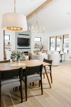 a dining room table with chairs and a television on the wall in the back ground