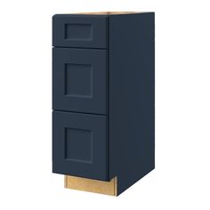 a blue cabinet with two drawers on the bottom and one drawer open to reveal something