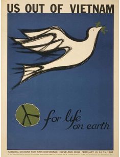 an advertisement for the us out of vietnam program, with a white dove flying in the sky