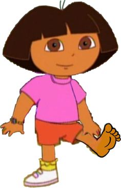 a cartoon girl in pink shirt and orange shorts