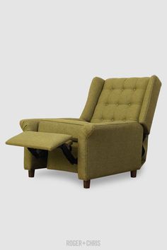 the reclining chair with ottoman and foot rest is shown in light green fabric, which has