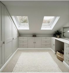 an attic bedroom with two skylights above the closet doors and carpet on the floor