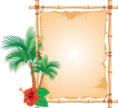 an old paper with palm trees and flowers on a white background