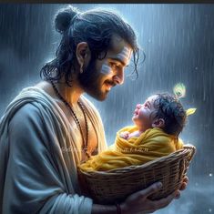 a man holding a baby in a basket with rain falling down on him and an angel flying above