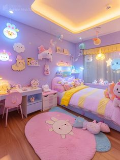 a bedroom decorated in pastel colors with hello kitty decorations on the walls and floor