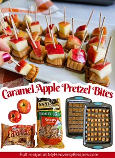 an advertisement for caramel apple pretzel bites with apples and cheese on them