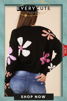 Multicolor Floral Print Sweater Trendy Floral Print Tops For Winter, Trendy Winter Floral Print Tops, Trendy Acrylic Sweater For Spring, Casual Floral Print Sweater For Fall, Trendy Acrylic Crew Neck Outerwear, Trendy Multicolor Spring Sweater, Trendy Black Sweater For Day Out, Multicolor Acrylic Outerwear For Spring, Spring Multicolor Acrylic Outerwear