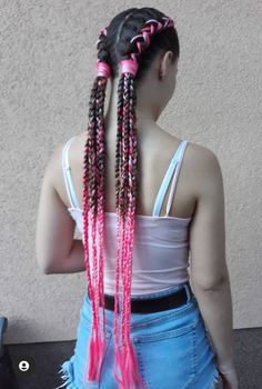 Synthetic Hairstyles, Rave Braids Extensions, Braids With Pink Extensions, Colorful Hair Braid Extensions, Two Braids Hairstyle Black Women, Synthetic Braids Festival, Synthetic Hair Braids Festival, Twd Oc, Softball Hair