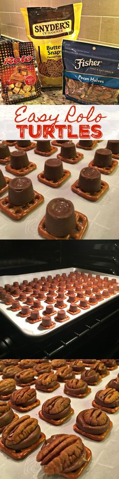 there are many chocolate turtle cakes on the baking sheet and in the background is an assortment of nuts