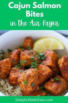 Cajun salmon over rice. Cajun Salmon Bites, Salmon Bites Air Fryer, Salmon In The Air Fryer, Quick Appetizer Recipes, Salmon Bites, Blackened Seasoning, Blackened Salmon, Quick And Easy Appetizers