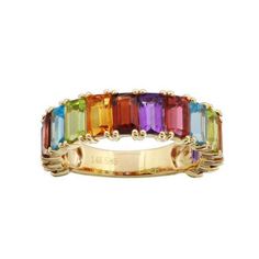 Emerald Cut Rainbow Gemstone Band | Ring Concierge Fine Jewelry Rainbow Multi-stone Rings, Elegant Stackable Rainbow Ring, Rainbow Gemstone Accented Rings For Anniversary, Rainbow Gemstone Rings For Anniversary, Rainbow Gemstone Anniversary Rings, Rainbow Gemstone Accented Ring, Rainbow Gemstone Accented Jewelry Ring, Anniversary Rainbow Rings With Gemstone Accents, Multicolor Rings With Gemstone Accents For Gift