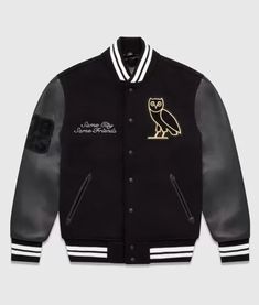 OVO Collegiate Varsity Full-Snap Wool/Leather Jacket Ovo Clothing, Varsity Jacket Women, Png Clothes, Custom Leather Jackets, Varsity Letterman Jackets, Cafe Racer Jacket, Team Jackets, Dope Fits, Racer Jacket