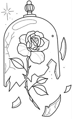 a drawing of a rose in a glass case