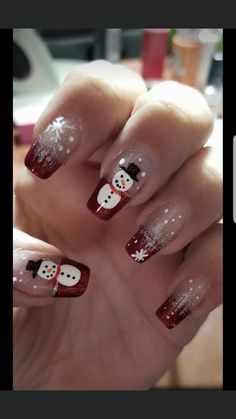 Snowman Acrylic Nails, Snowman Christmas Nails Acrylic, Cute Christmas Nails Snowman, Red Snowman Nails, Snowman Toe Nail Designs, Red Hair With Blonde Highlights, Natural Acrylic, Natural Acrylic Nails