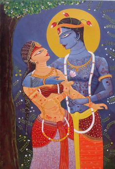 Radha Krishna at Kunjoban, Acrylic Painting by Bhaskar Lahiri Theme Painting, Great Paintings