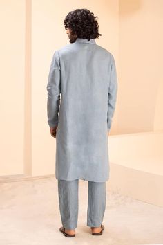 Turquoise linen kurta with placed dori embroidery on front yoke. Paired with a matching plain aligadhi. - Aza Fashions Blue Linen Long Sleeve Sets, Eid Linen Long Sleeve Sets, Linen Long Sleeve Sets For Eid, Traditional Long Sleeve Linen Kurta, Eid Linen Kurta With Embroidered Border, Embroidered Linen Straight Kurta Set, Festive Linen Kurta With Embroidered Border, Festive Linen Traditional Wear With Resham Embroidery, Unstitched Linen Sets For Eid