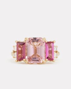 18K Yellow Gold Emerald Cut Ring with Pink Tourmaline and Diamonds, .2 TCWOrnament is 1/2 Inch x 3/4 Inch Style# YRECPTPTW Luxury Pink Morganite Jewelry, Luxury Pink Gold Ring With Pink Sapphire, Luxury Pink Ruby Ring For Anniversary, Luxury Pink Jewelry With Prong Setting, Formal Pink Multi-stone Sapphire Ring, Exquisite Pink Sapphire Jewelry, Pink Ruby Diamond Ring With Multi-stones, Luxury Pink Multi-stone Ruby Ring, Elegant Pink Multi-stone Sapphire Ring