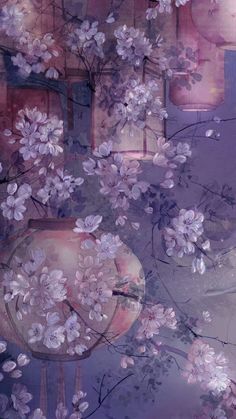 a painting of flowers and vases on a purple background