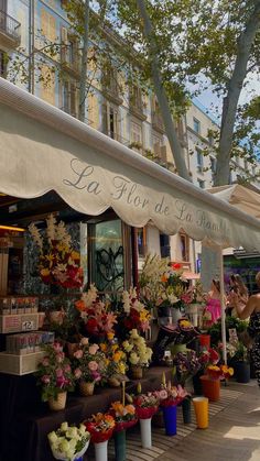 an outdoor flower shop with lots of flowers on display