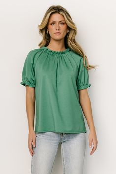 Vincent Top | Green | Baltic Born Casual Solid Tops With Elastic Sleeves, Stretch Elastic Sleeved Short Sleeve Tops, Stretch Top With Elastic Short Sleeves, Stretch Short Sleeve Tops With Elastic Sleeves, Casual Tops With Elastic Sleeves Relaxed Fit, Casual Tops With Elastic Sleeves And Relaxed Fit, Solid Color Summer Tops With Elastic Sleeves, Casual Short Sleeve Blouse With Elastic Shoulders, Casual Cotton Tops With Elastic Sleeves