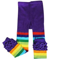 These rainbow leggings are bright and fun! The leggings feature colorful rainbow stripes and ruffles on the bottom. Made with 85% cotton and 15% spandex, these leggings will keep your little ones warm in chilly weather yet allow them to move around freely. Wear these leggings as a stand-alone bottom, or together with a skirt. They are bound to make a fun fashion statement for your little one! Dimensions: 105cm, child's height under 41.34 inches; 115cm, child's height 41.34 - 45.28 inches. Material: Cotton, Spandex. Fashion Apron, Rainbow Leggings, Baby Tights, Earring Jewelry Box, Lace Tape, Toddler Leggings, Baby Hair Accessories, Spa Gifts Set, Colorful Rainbow