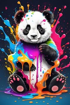 a panda bear sitting on the ground covered in paint and splattered with colors