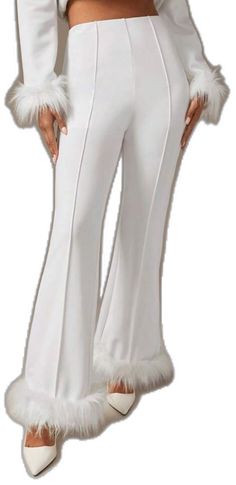 White Fitted Flare Bottoms, Fitted White Flare Bottoms, White Party Pants For Fall, Chic White Flare Pants, Chic White Flare Bottoms, White Non-stretch Dress Pants With Pockets, Non-stretch White Dress Pants With Pockets, White Flare Party Bottoms, White Flare Bottoms For Party