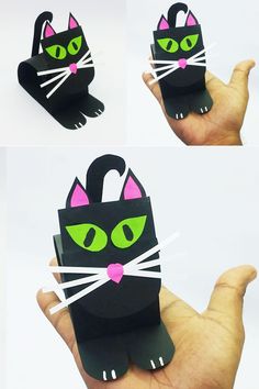 three pictures of a hand holding a black paper bag with green and pink cats on it